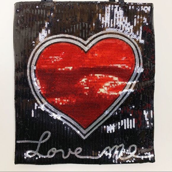 Love Me Fashion Sequin Tote Bag, Black/Red - Picture 2 of 7